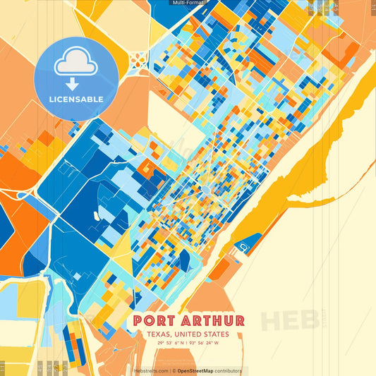 Port Arthur, Texas, United States blue and orange vector art map template