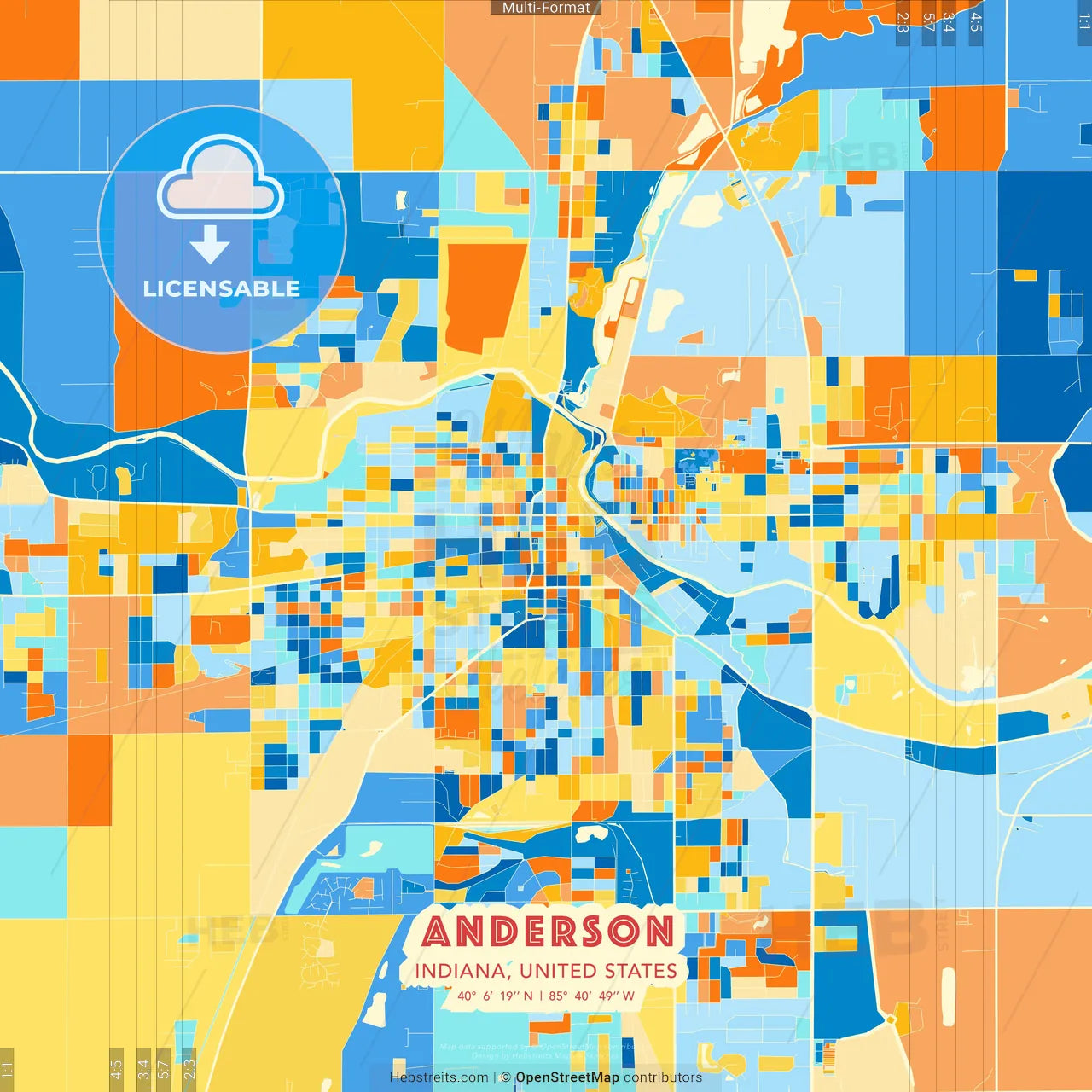 Anderson, Indiana, United States blue and orange vector art map template