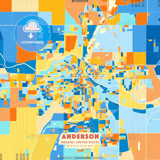 Anderson, Indiana, United States blue and orange vector art map template
