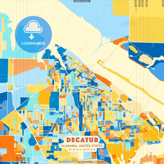 Decatur, Alabama, United States blue and orange vector art map template