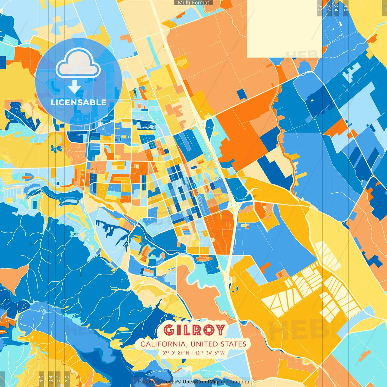 Gilroy, California, United States blue and orange vector art map template