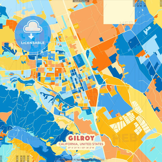 Gilroy, California, United States blue and orange vector art map template