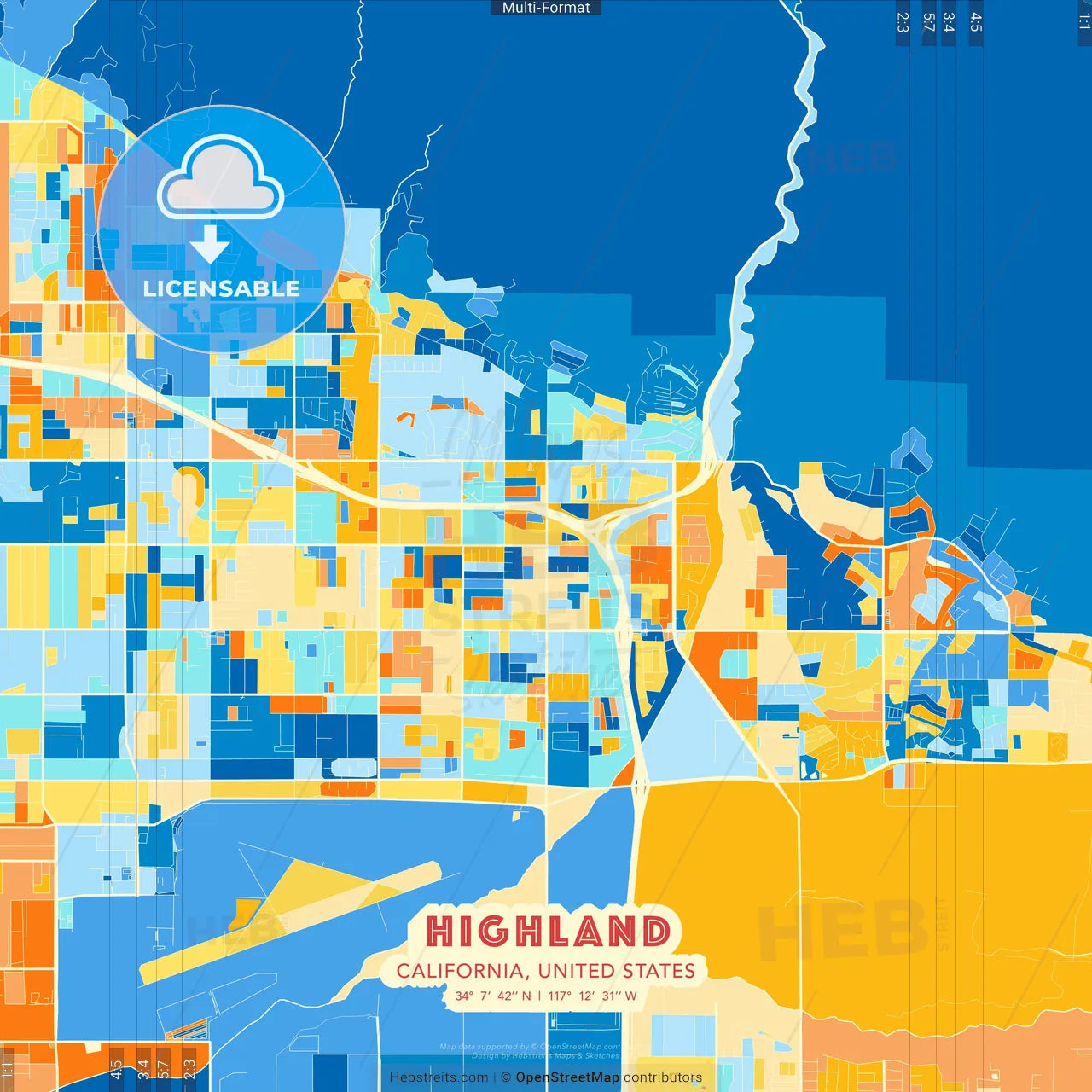 Highland, California, United States blue and orange vector art map template