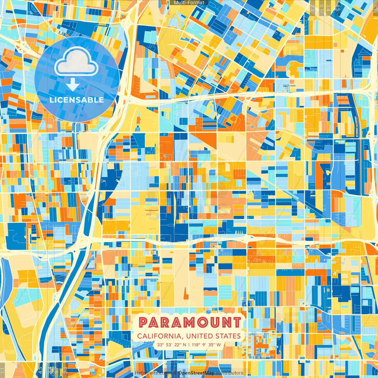 Paramount, California, United States blue and orange vector art map template
