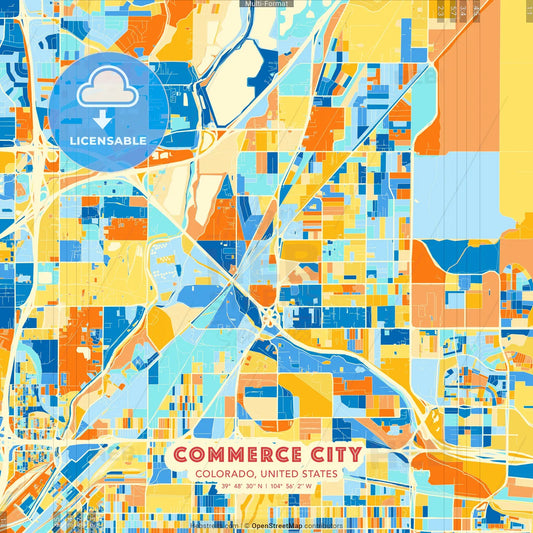 Commerce City, Colorado, United States blue and orange vector art map template