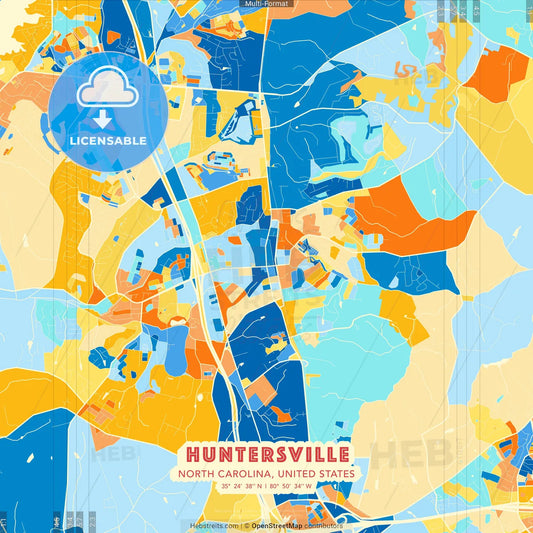 Huntersville, North Carolina, United States blue and orange vector art map template