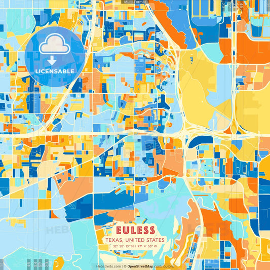 Euless, Texas, United States blue and orange vector art map template
