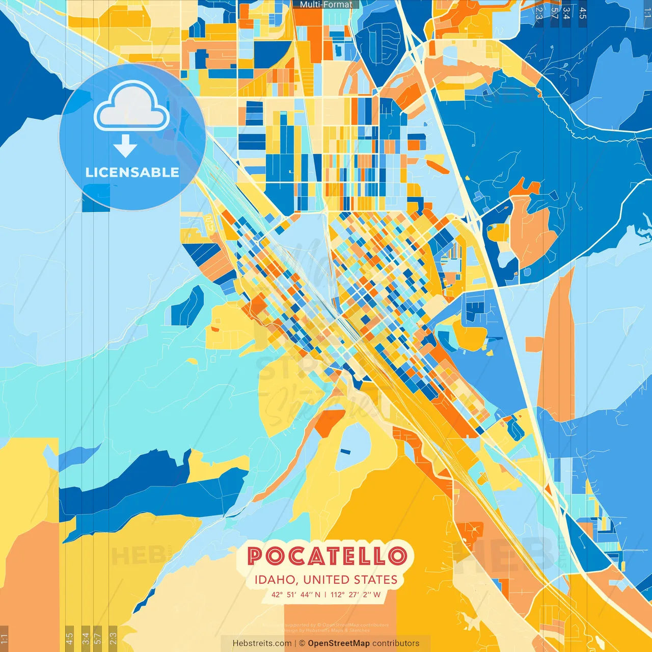 Pocatello, Idaho, United States blue and orange vector art map template