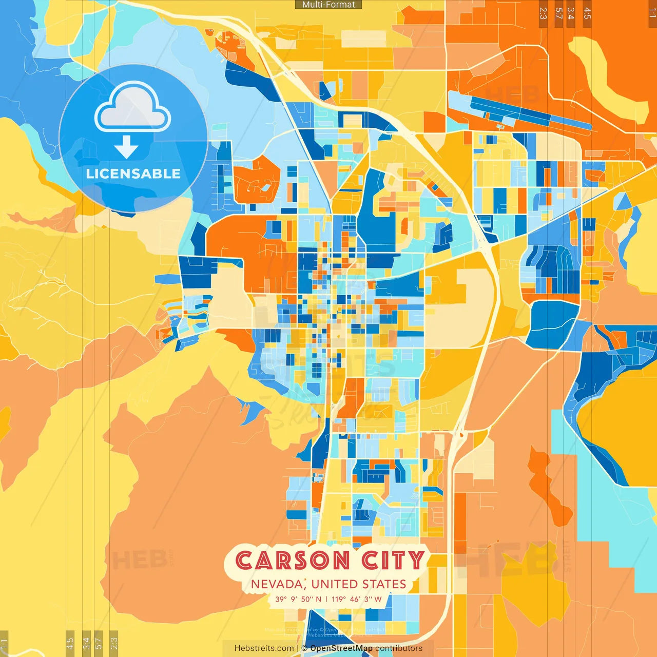 Carson City, Nevada, United States blue and orange vector art map template