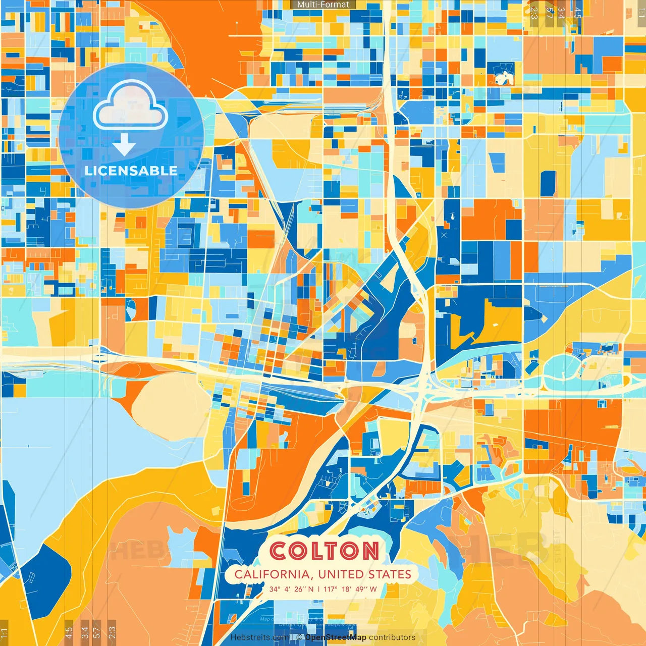Colton, California, United States blue and orange vector art map template
