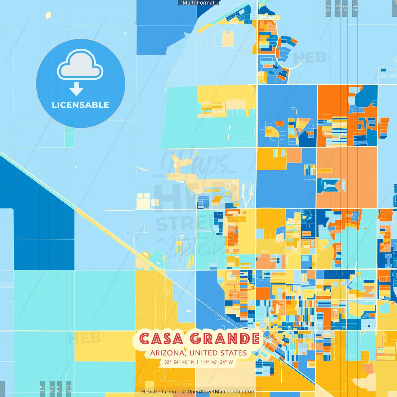 Casa Grande, Arizona, United States blue and orange vector art map template