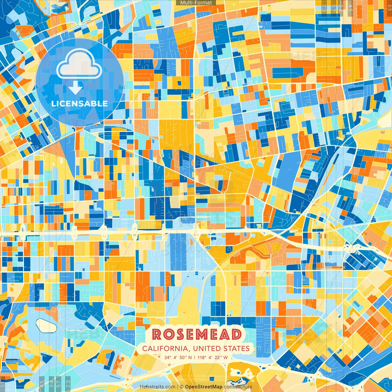 Rosemead, California, United States blue and orange vector art map template