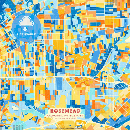 Rosemead, California, United States blue and orange vector art map template
