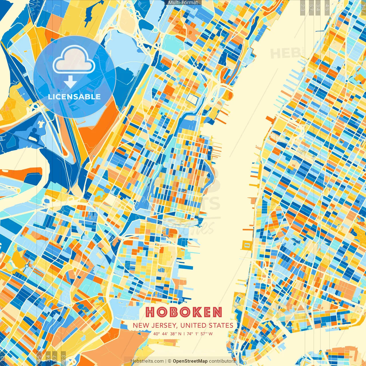 Hoboken, New Jersey, United States blue and orange vector art map template