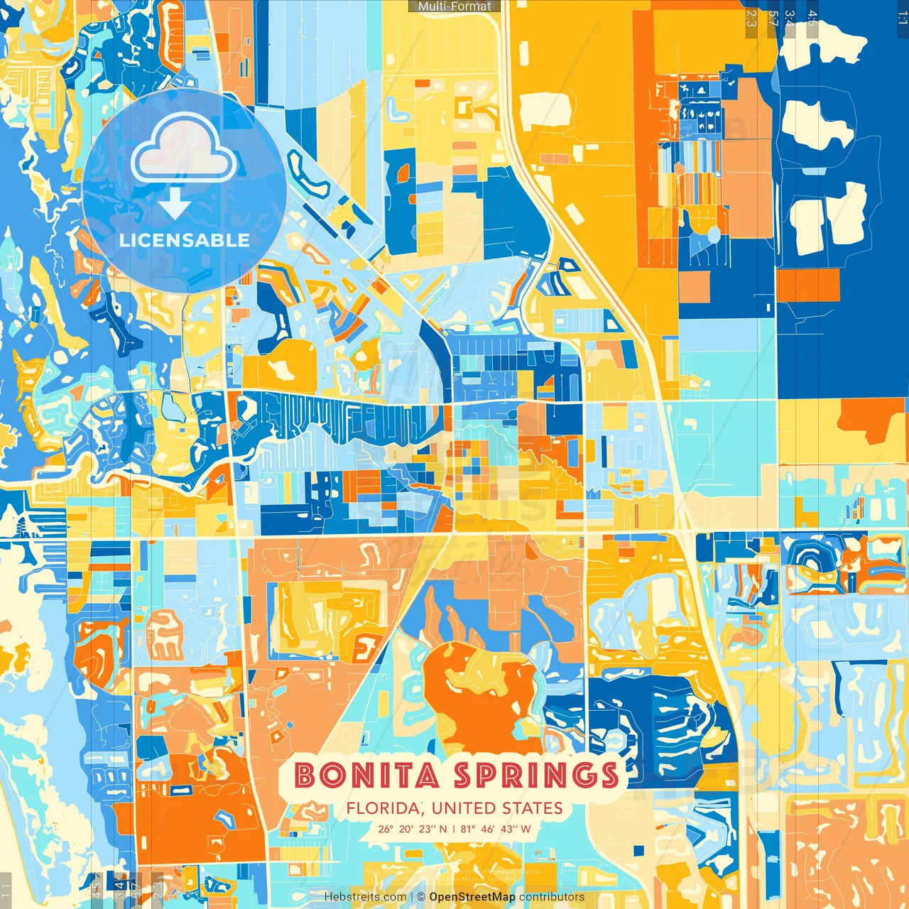 Bonita Springs, Florida, United States blue and orange vector art map template