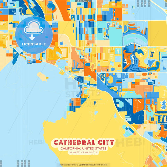 Cathedral City, California, United States blue and orange vector art map template