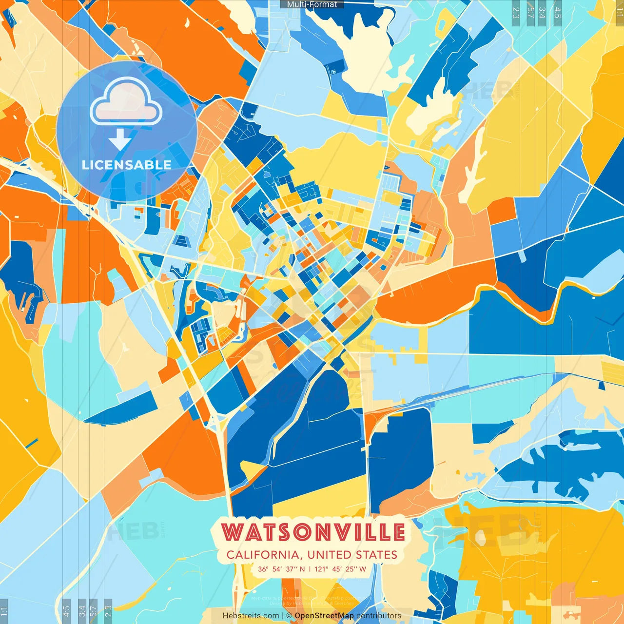 Watsonville, California, United States blue and orange vector art map template