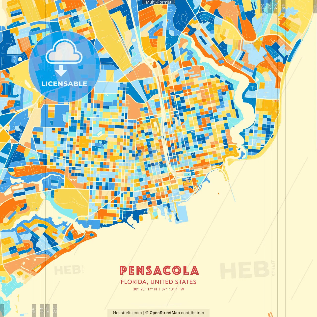 Pensacola, Florida, United States blue and orange vector art map template