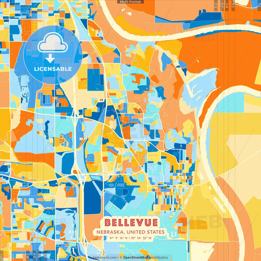 Bellevue, Nebraska, United States blue and orange vector art map template