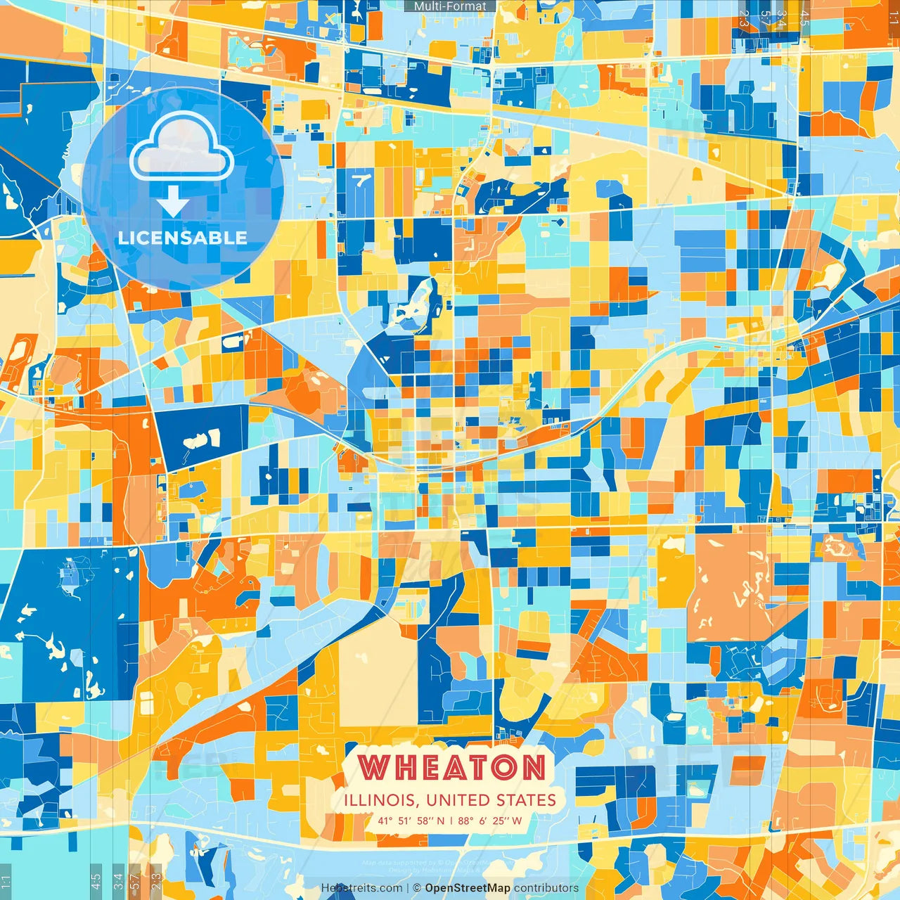 Wheaton, Illinois, United States blue and orange vector art map template