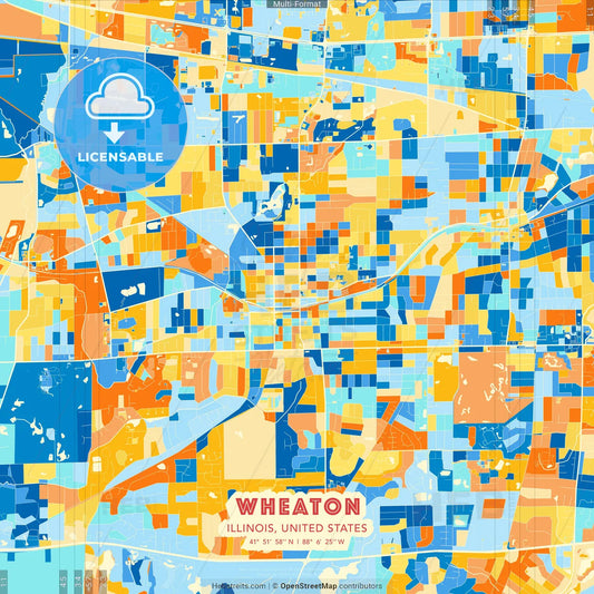 Wheaton, Illinois, United States blue and orange vector art map template