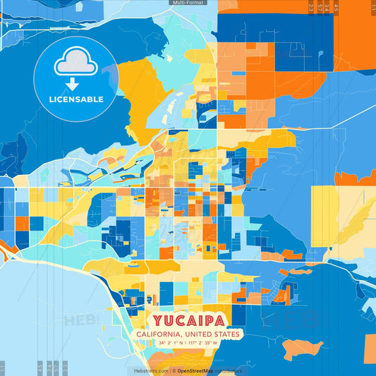 Yucaipa, California, United States blue and orange vector art map template