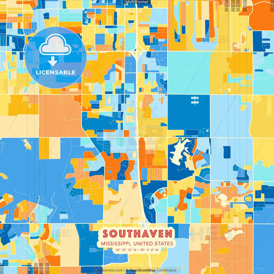 Southaven, Mississippi, United States blue and orange vector art map template