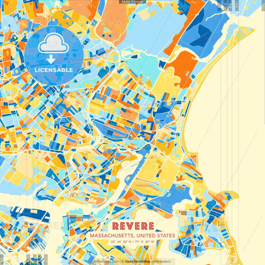 Revere, Massachusetts, United States blue and orange vector art map template