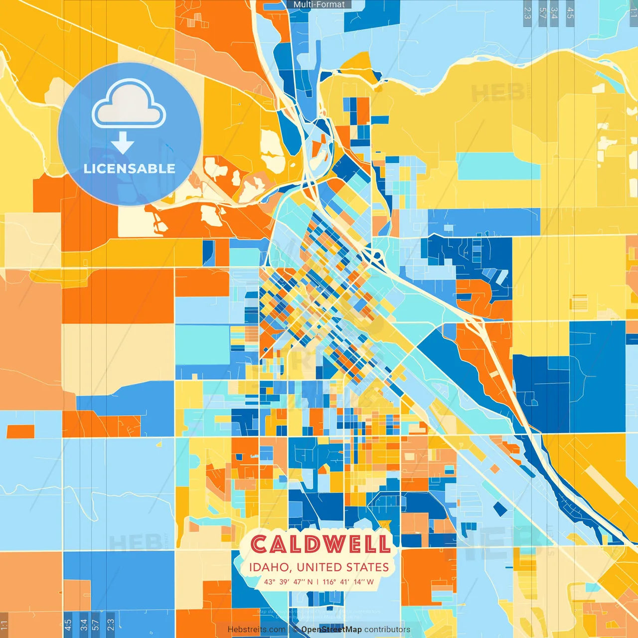 Caldwell, Idaho, United States blue and orange vector art map template
