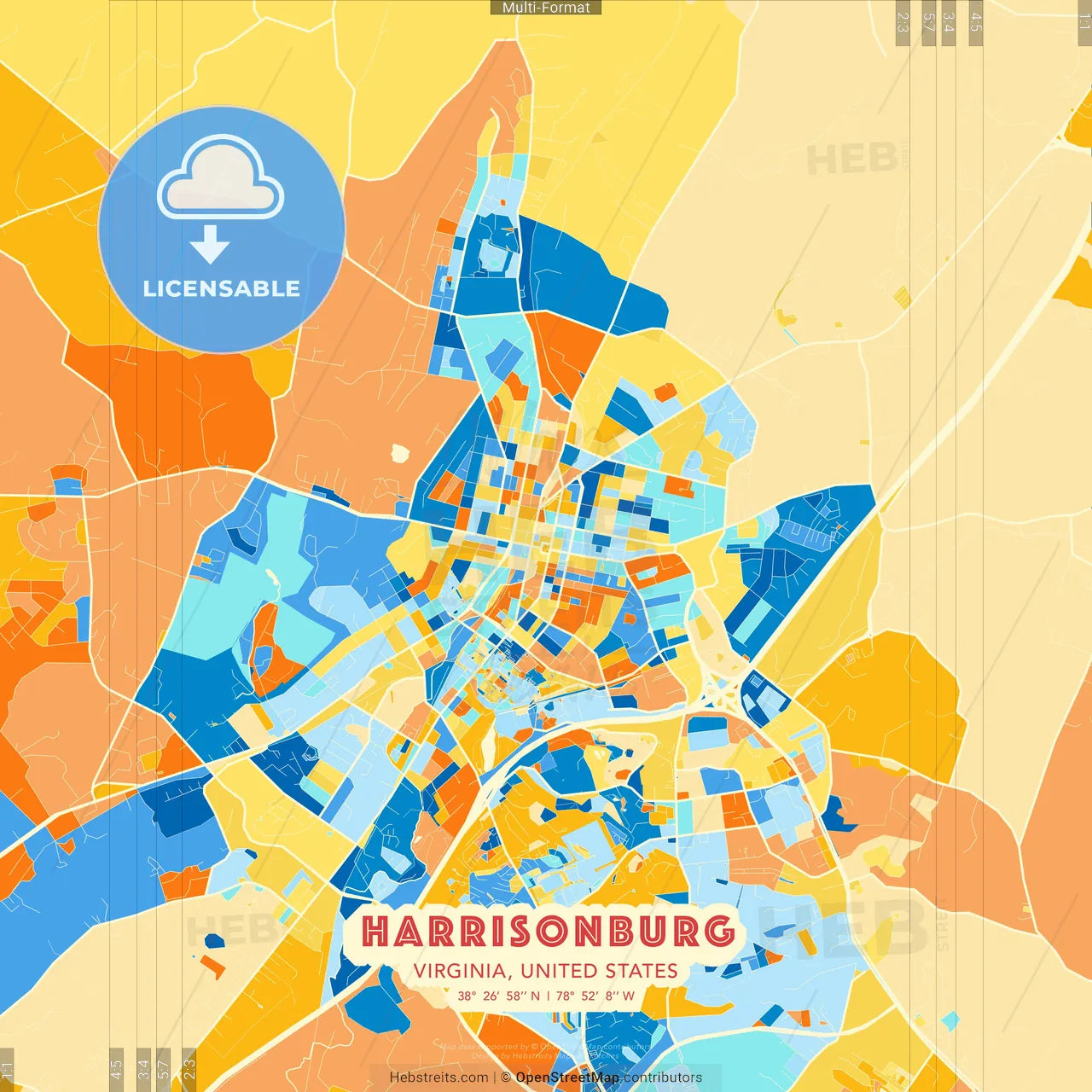 Harrisonburg, Virginia, United States blue and orange vector art map template