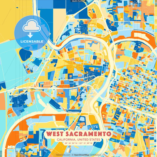 West Sacramento, California, United States blue and orange vector art map template