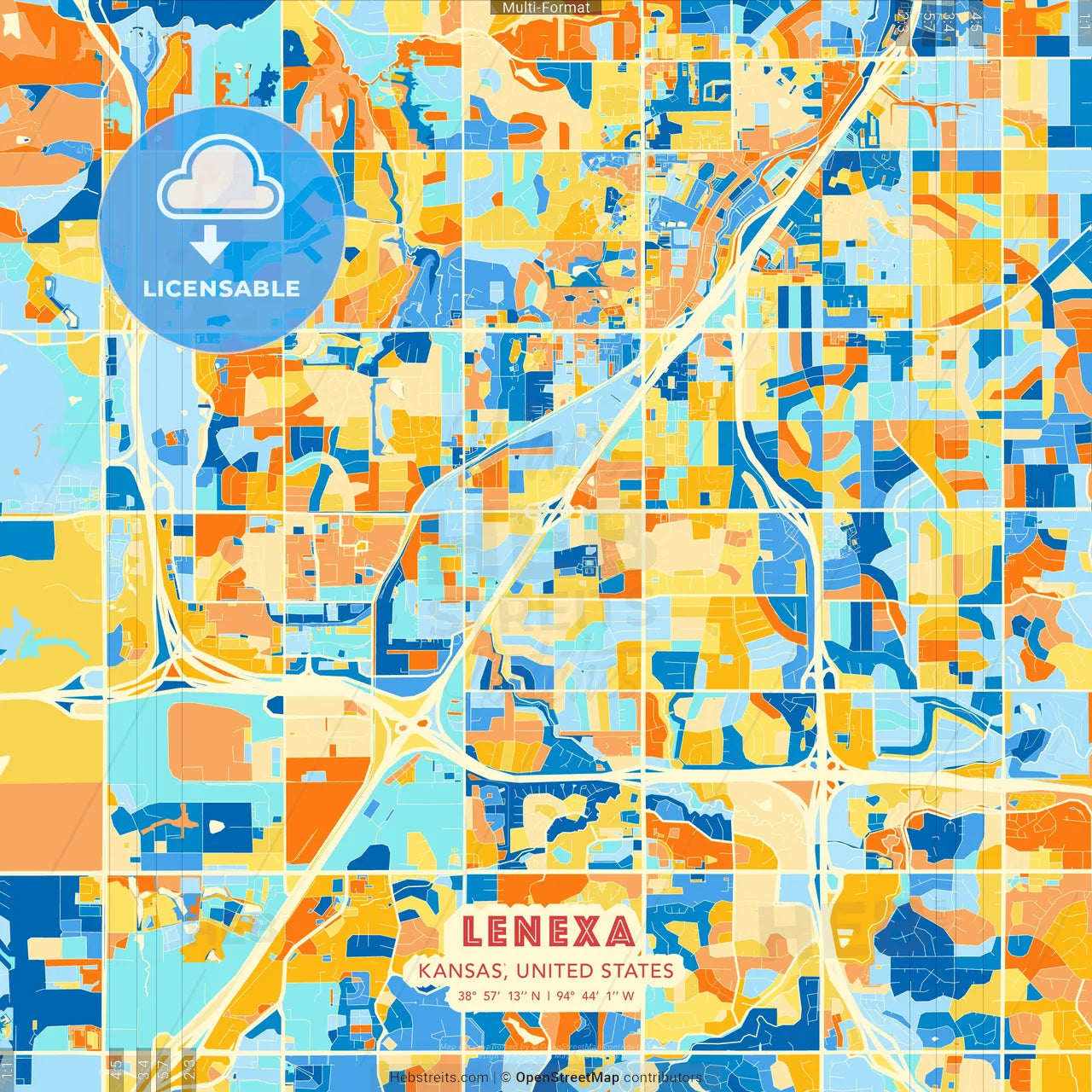 Lenexa, Kansas, United States blue and orange vector art map template