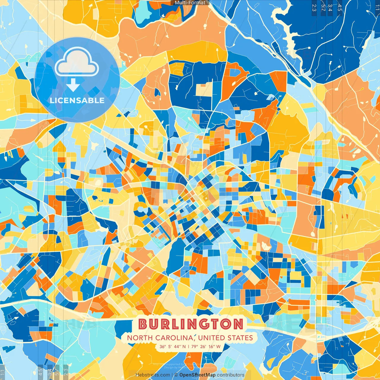 Burlington, North Carolina, United States blue and orange vector art map template