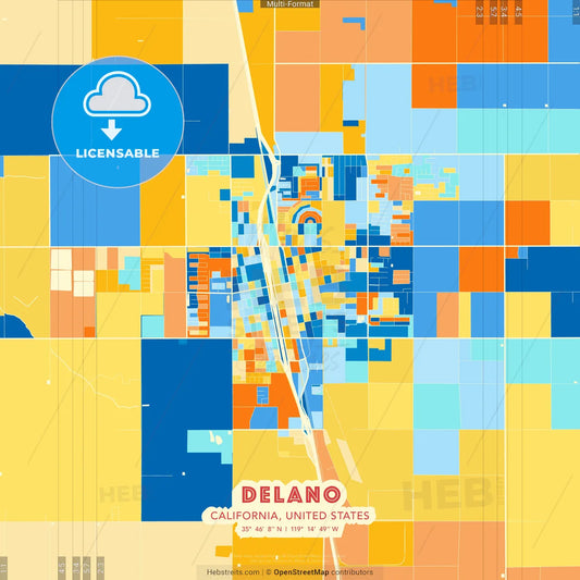 Delano, California, United States blue and orange vector art map template