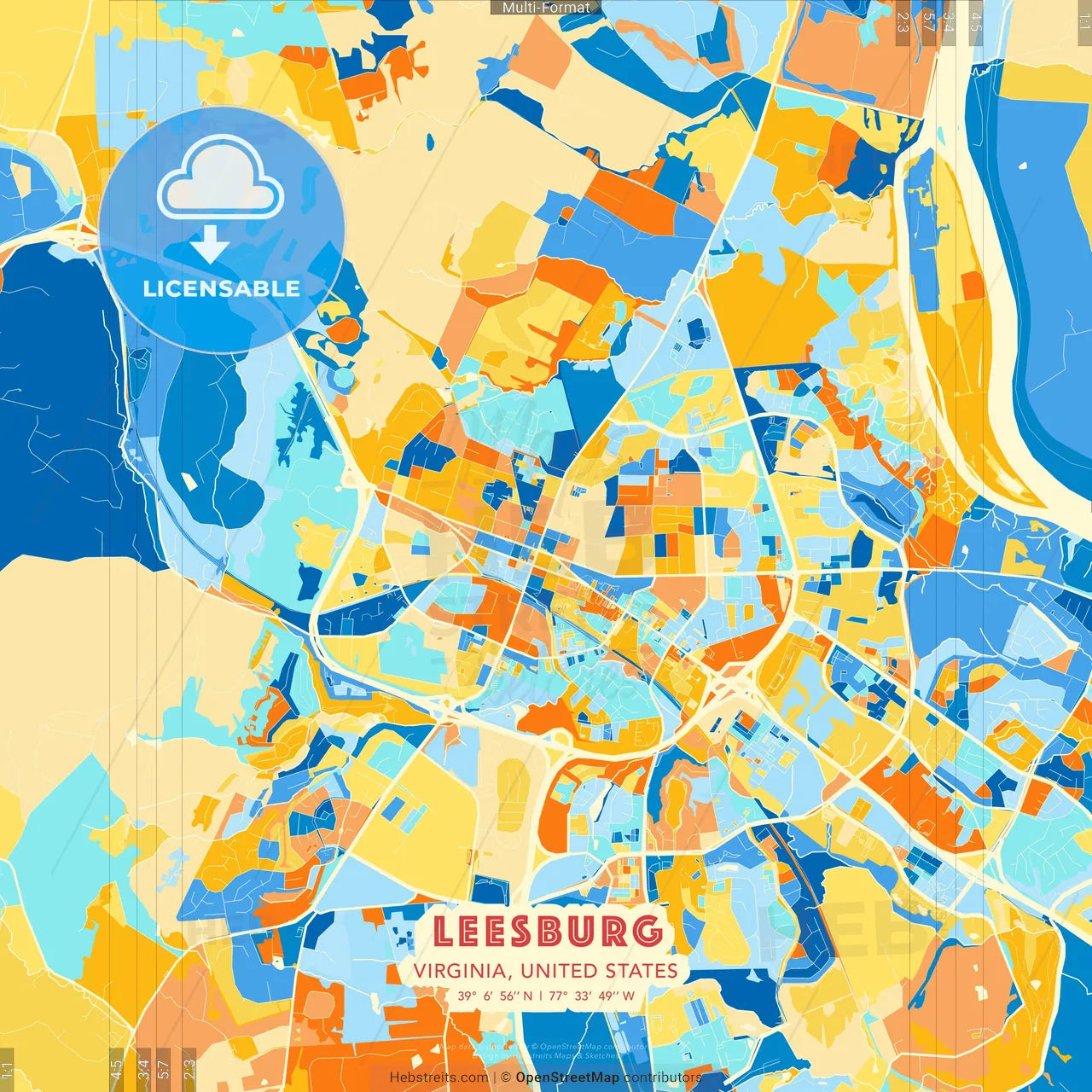 Leesburg, Virginia, United States blue and orange vector art map template