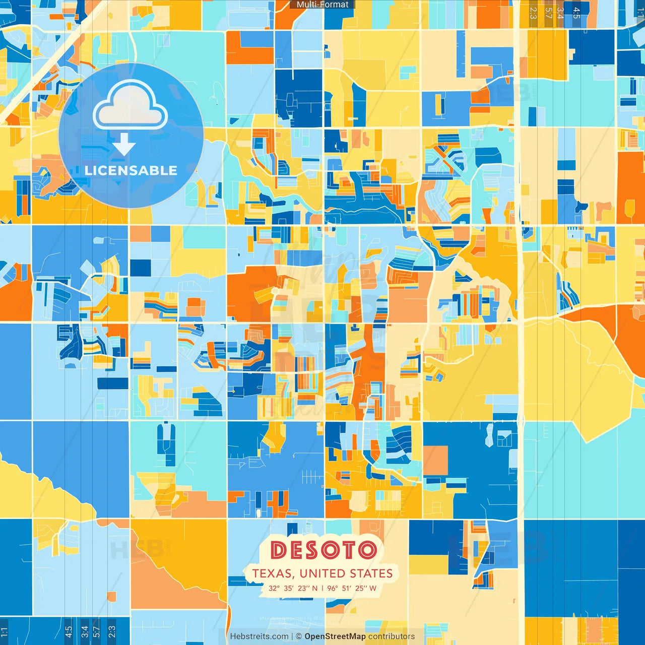 DeSoto, Texas, United States blue and orange vector art map template