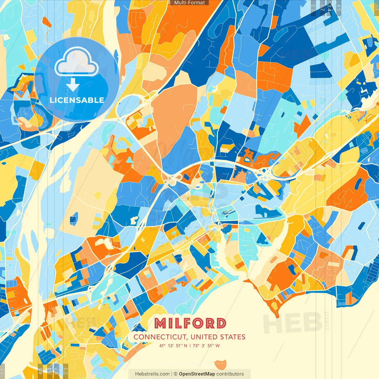 Milford, Connecticut, United States blue and orange vector art map template