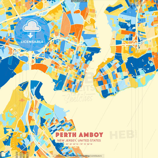 Perth Amboy, New Jersey, United States blue and orange vector art map template