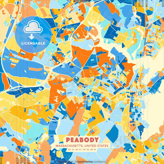 Peabody, Massachusetts, United States blue and orange vector art map template