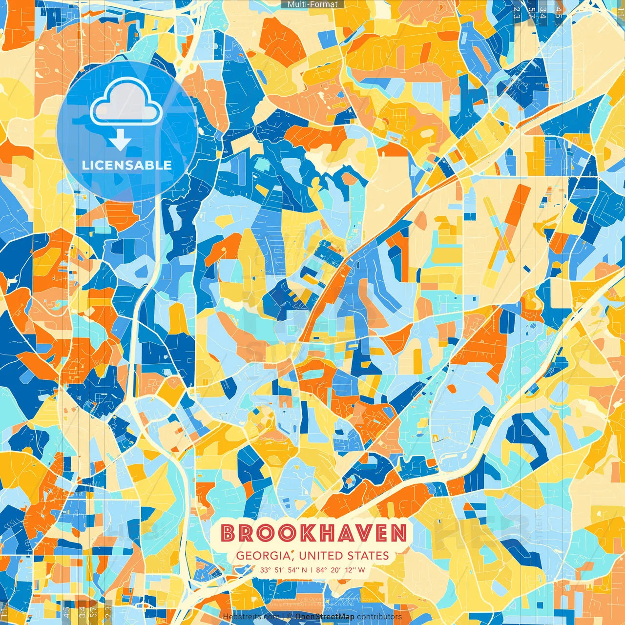 Brookhaven, Georgia, United States blue and orange vector art map template