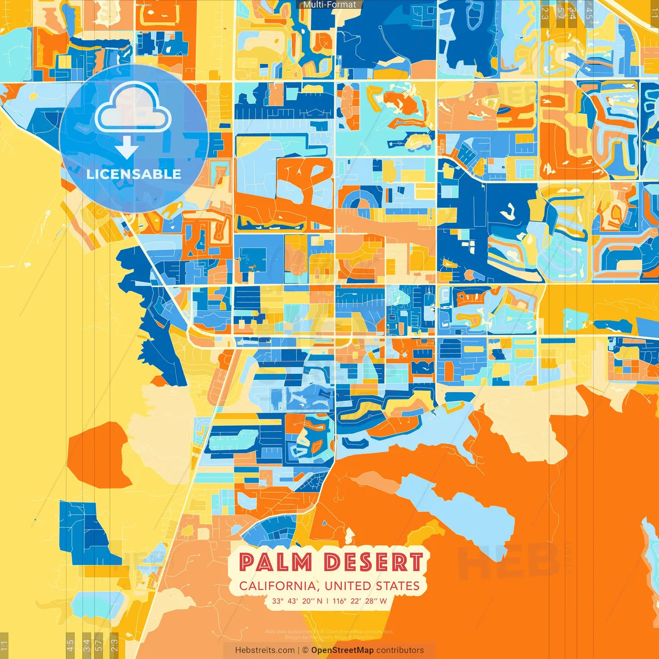 Palm Desert, California, United States blue and orange vector art map template