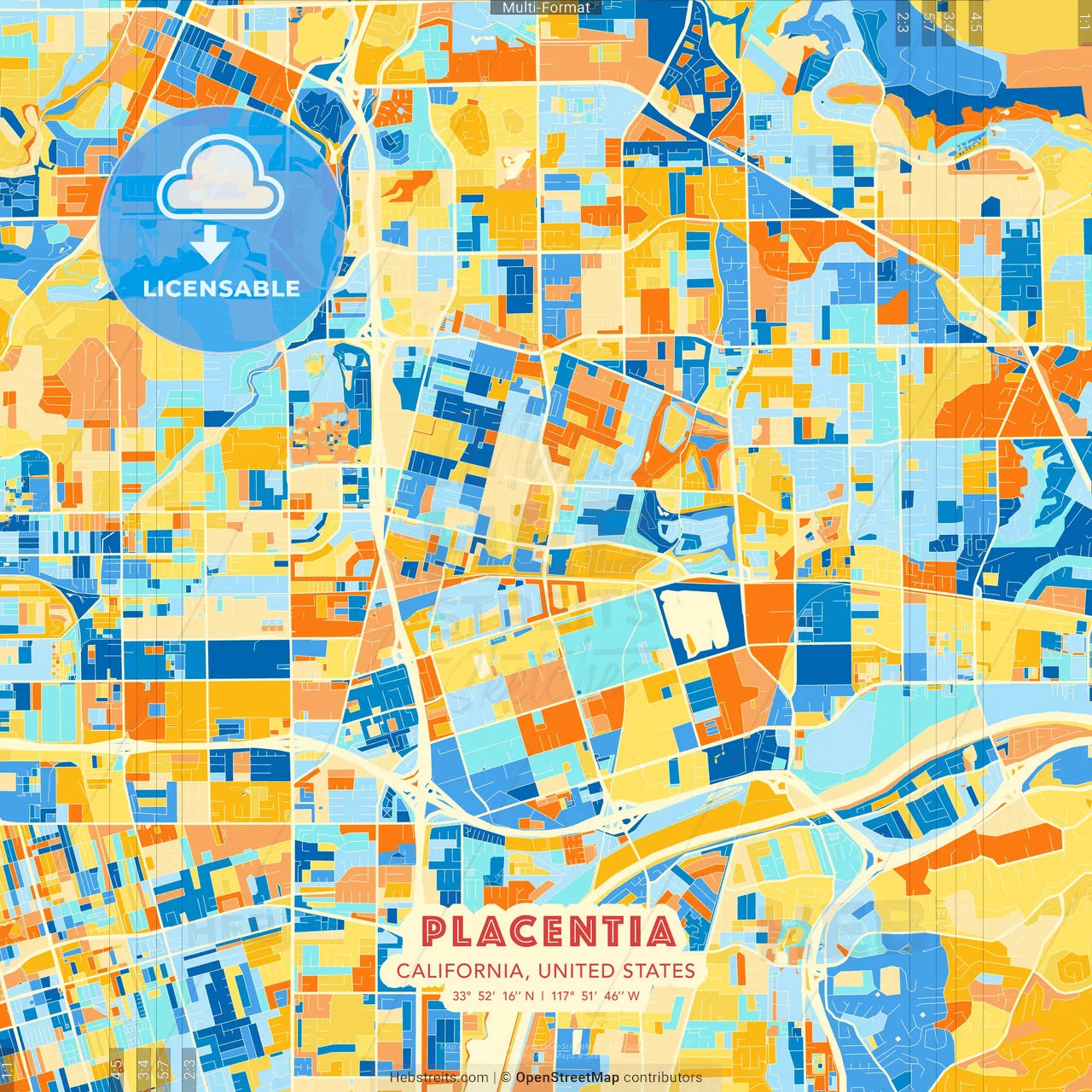 Placentia, California, United States blue and orange vector art map template