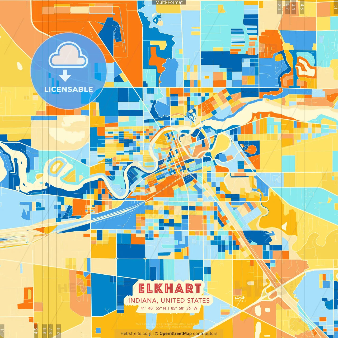 Elkhart, Indiana, United States blue and orange vector art map template