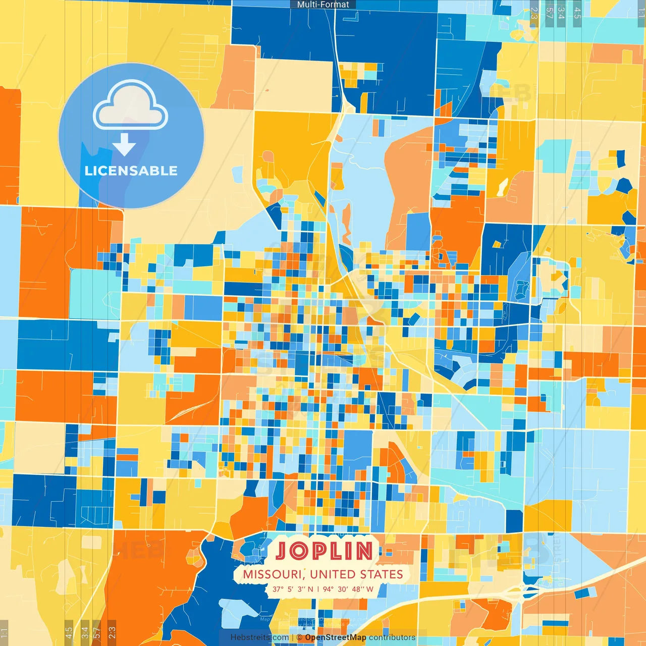 Joplin, Missouri, United States blue and orange vector art map template