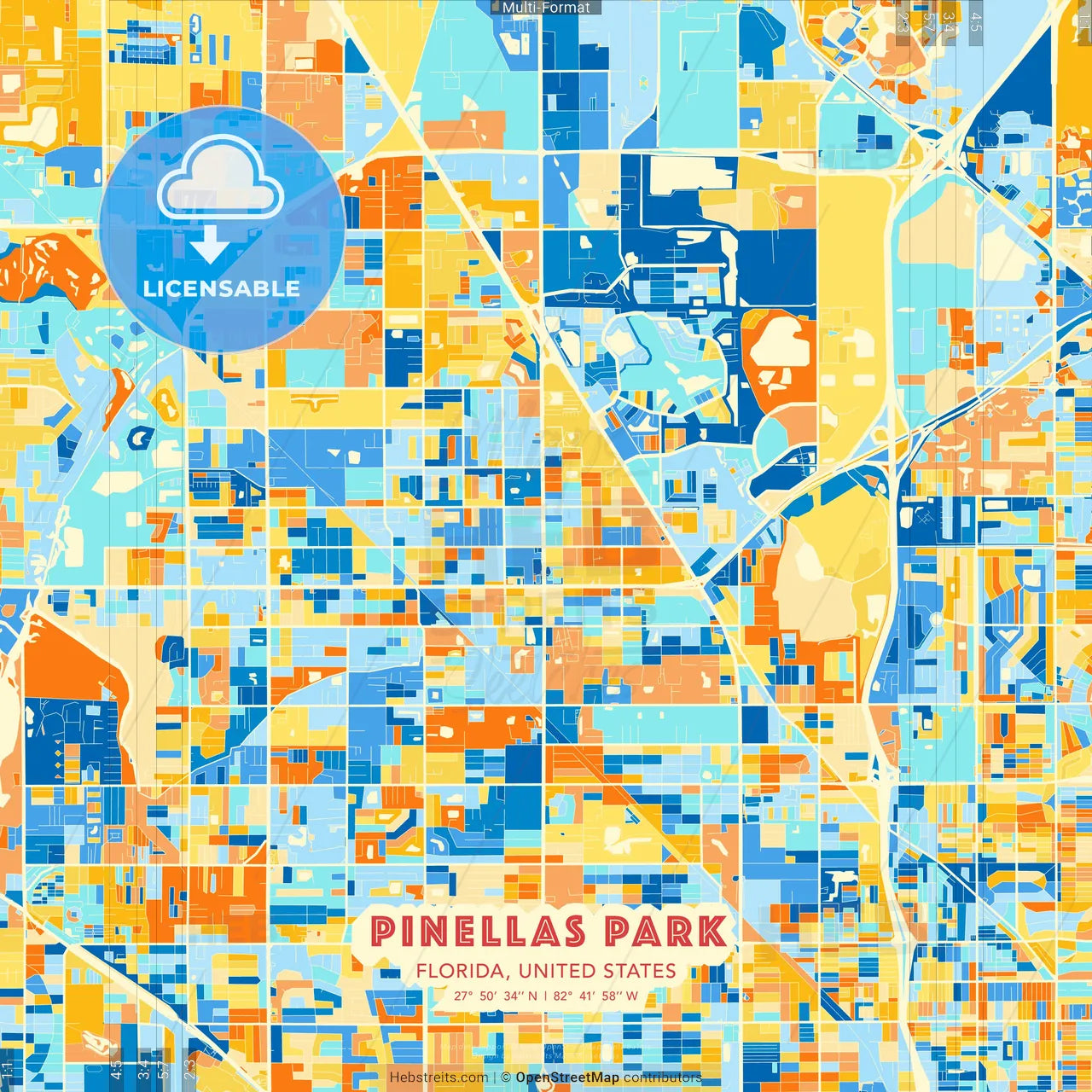 Pinellas Park, Florida, United States blue and orange vector art map template
