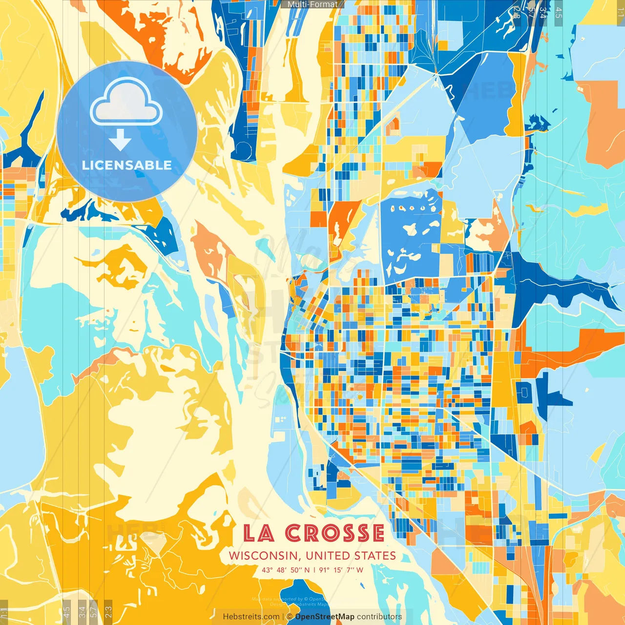 La Crosse, Wisconsin, United States blue and orange vector art map template