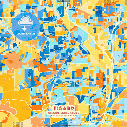 Tigard, Oregon, United States blue and orange vector art map template