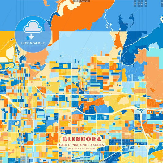 Glendora, California, United States blue and orange vector art map template