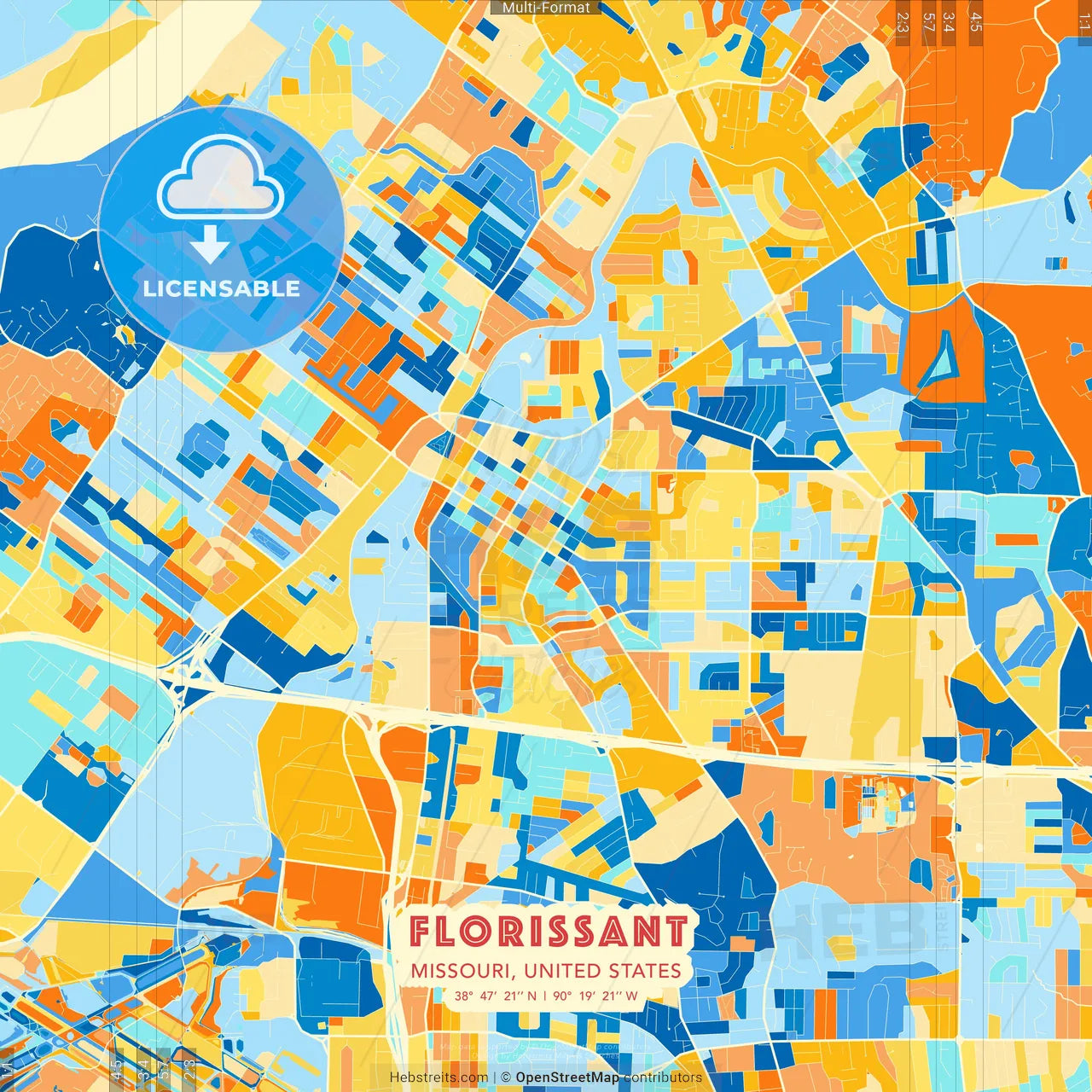 Florissant, Missouri, United States blue and orange vector art map template