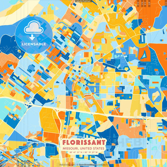 Florissant, Missouri, United States blue and orange vector art map template